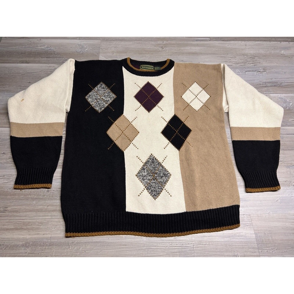 Vintage Crewneck Knit Sweater 100% Cotton Argyle Boyfriend Fit Croft Barrow Sz L